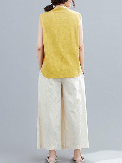 xakxx Artistic Retro Chinese-Style Printed Buttoned Stand Collar Sleeveless Vest