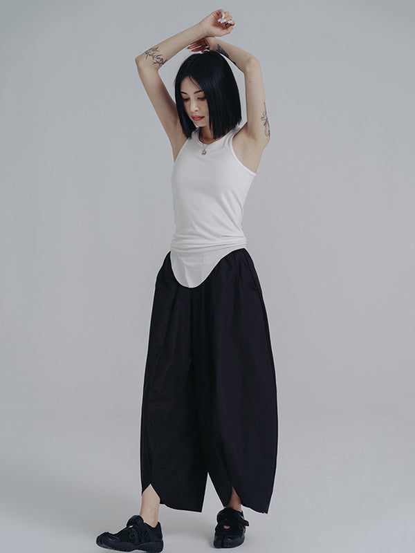 xakxx Simple Loose Elasticity Waist Wide Leg Solid Color Pants