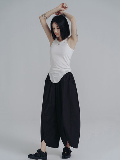 xakxx Simple Loose Elasticity Waist Wide Leg Solid Color Pants