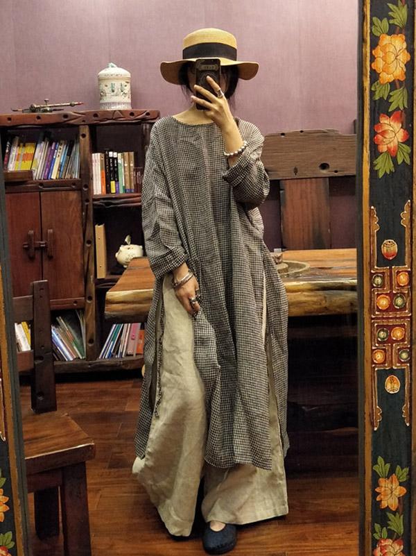 xakxx Loose Vintage Washable Plaid Split-Side Dress