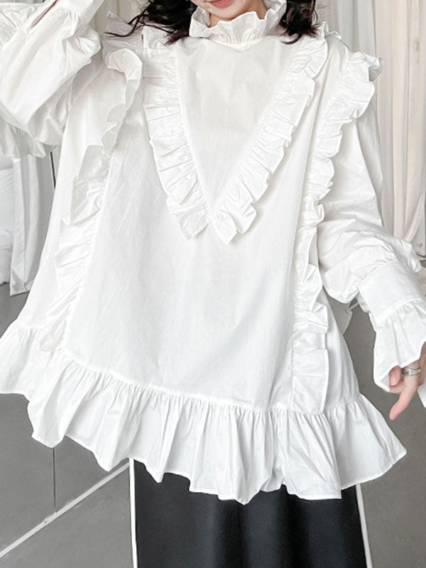 xakxx Long Sleeves Loose Buttoned Ruffled Solid Color Stand Collar Blouses&Shirts Tops