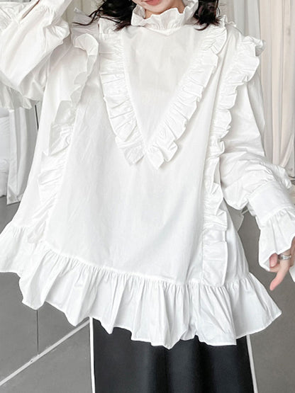 xakxx Long Sleeves Loose Buttoned Ruffled Solid Color Stand Collar Blouses&Shirts Tops