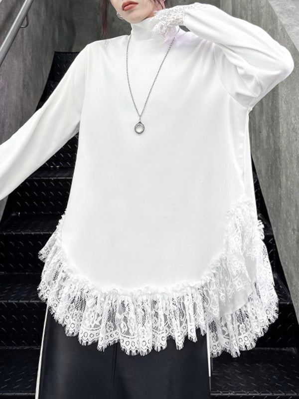 xakxx Long Sleeves Loose Solid Color Split-Joint High Neck T-Shirts Tops