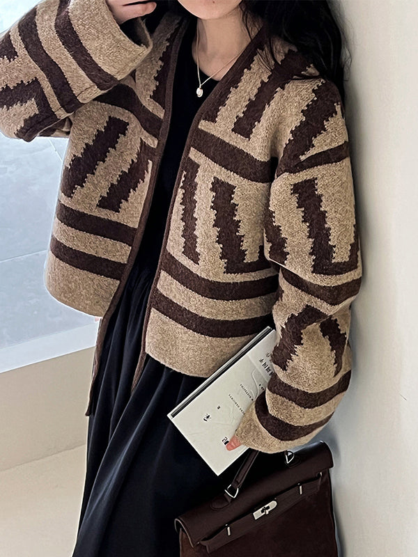 xakxx Long Sleeves Loose Contrast Color Printed Collarless Cardigan Tops