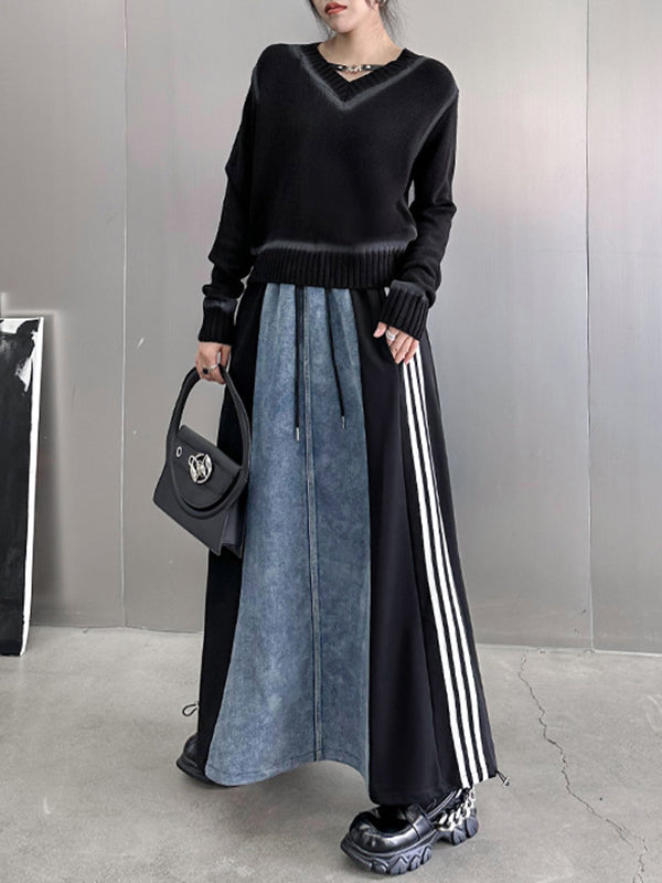 xakxx A-Line Loose Contrast Color Drawstring Split-Joint Striped Skirts Bottoms