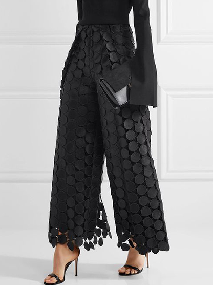 xakxx High Waisted Wide Leg Hollow Polka Dot Solid Color Pants Trousers