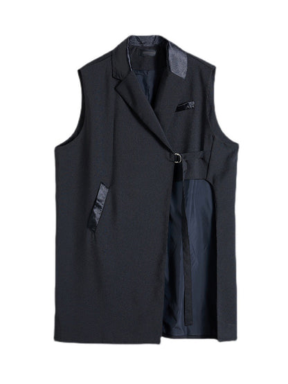 xakxx Sleeveless Asymmetric Pockets Tied Notched Collar Vest Outerwear