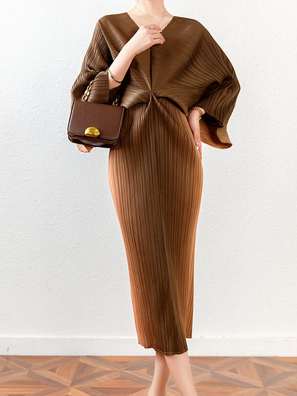 xakxx Fashion Loose Batwing Sleeves Gradient Pleated Midi Dress