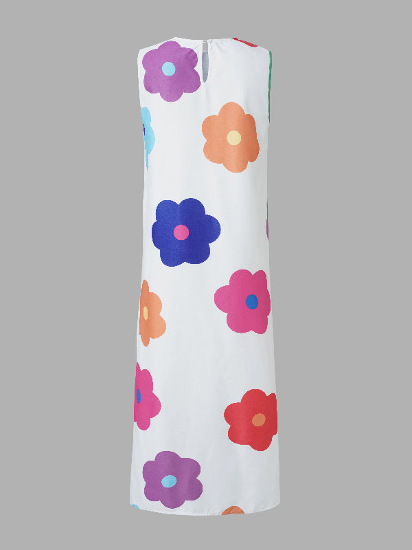 xakxx High-Low Loose Contrast Color Floral Printed Round-Neck Vest Top