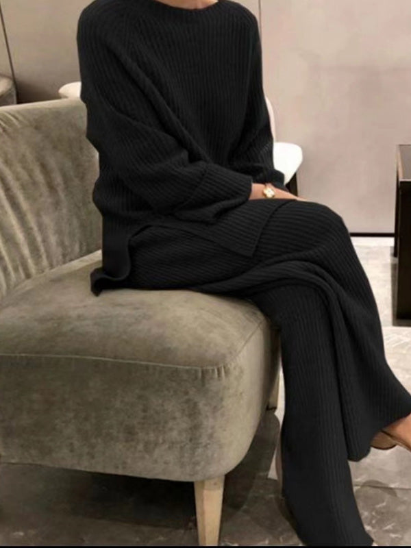 xakxx Urban Loose Solid Round-Neck Split-Side Sweater& Wide Leg Pants Suits