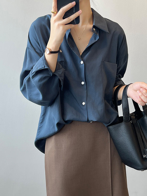 xakxx Vintage Long Sleeves Loose Solid Color Lapel Collar Blouses