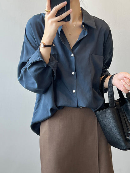 xakxx Vintage Long Sleeves Loose Solid Color Lapel Collar Blouses