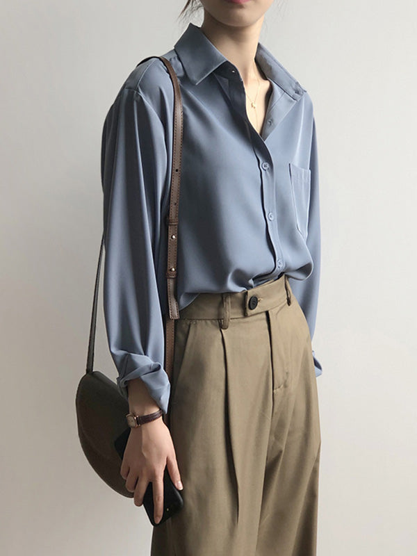 xakxx Urban Solid Color Lapel Long Sleeves Blouse