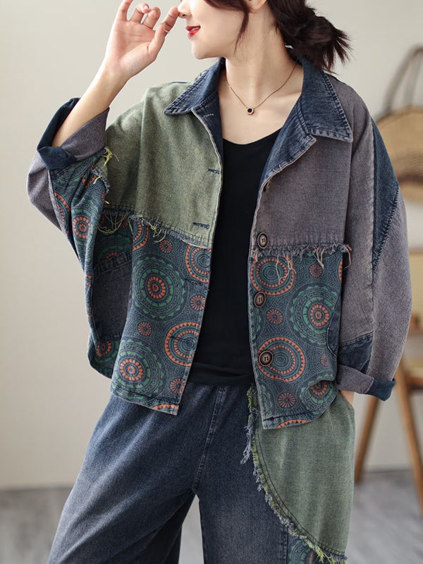xakxx Contrast Color Fringed Split-Joint Long Sleeves Printed Outwear + Harem Pants  Two Pieces Set