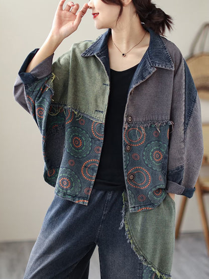 xakxx Contrast Color Fringed Split-Joint Long Sleeves Printed Outwear + Harem Pants  Two Pieces Set