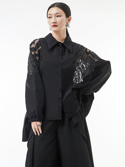 xakxx Urban See-Through Lace Split-Joint Lapel Blouse