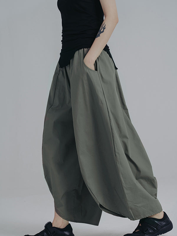 xakxx Simple Loose Elasticity Waist Wide Leg Solid Color Pants