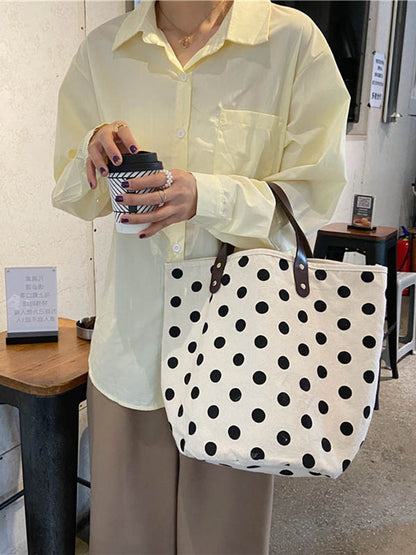 xakxx Vintage Canvas Polka-Dot Printed Makeup Tote Bag Bucket Bag