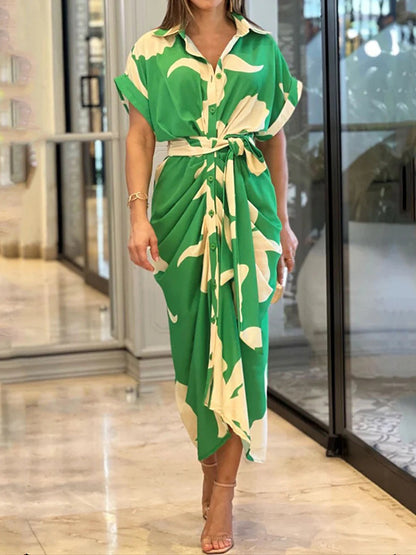 xakxx High Waisted Short Sleeves Buttoned Flower Print Tied Waist Lapel Maxi Dresses Shirt Dress