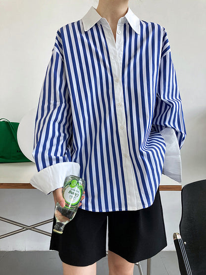 xakxx Simple Long Sleeves Contrast Color Striped Lapel Blouse Top