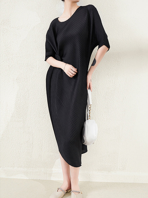 xakxx Stylish Irregularity Loose Pleated Solid Color Round-Neck Midi Dresses