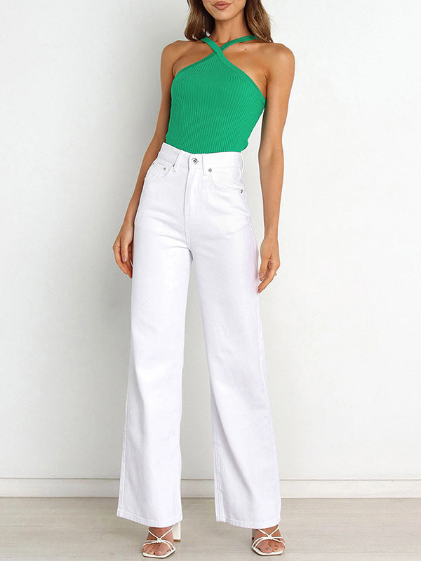 xakxx Skinny Sleeveless Solid Color Halter-Neck Vest Top