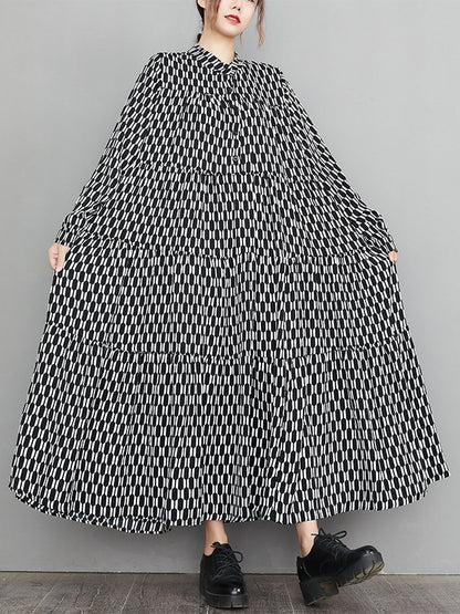 xakxx Casual Long Sleeves Loose Buttoned Contrast Color Printed Split-Joint Stand Collar Midi Dresses