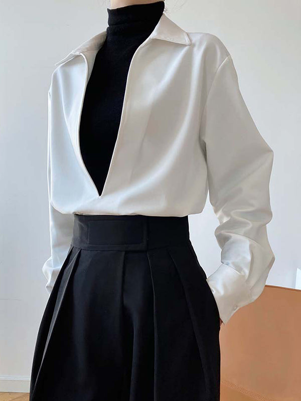 xakxx Long Sleeves Loose Solid Color Lapel Blouses