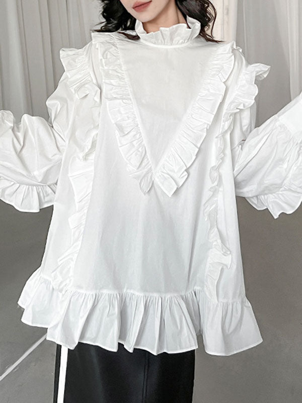xakxx Long Sleeves Loose Buttoned Ruffled Solid Color Stand Collar Blouses&Shirts Tops