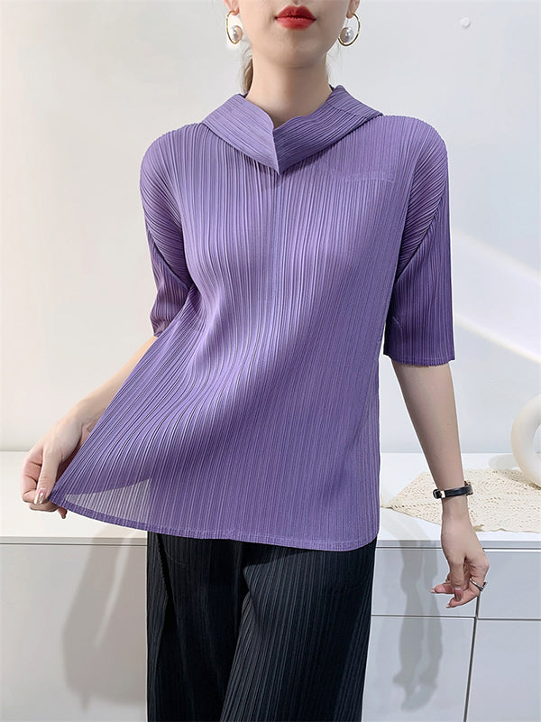 xakxx Half Sleeves Hooded Pleated Solid Color Mock Neck T-Shirts Tops