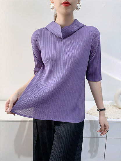 xakxx Half Sleeves Hooded Pleated Solid Color Mock Neck T-Shirts Tops