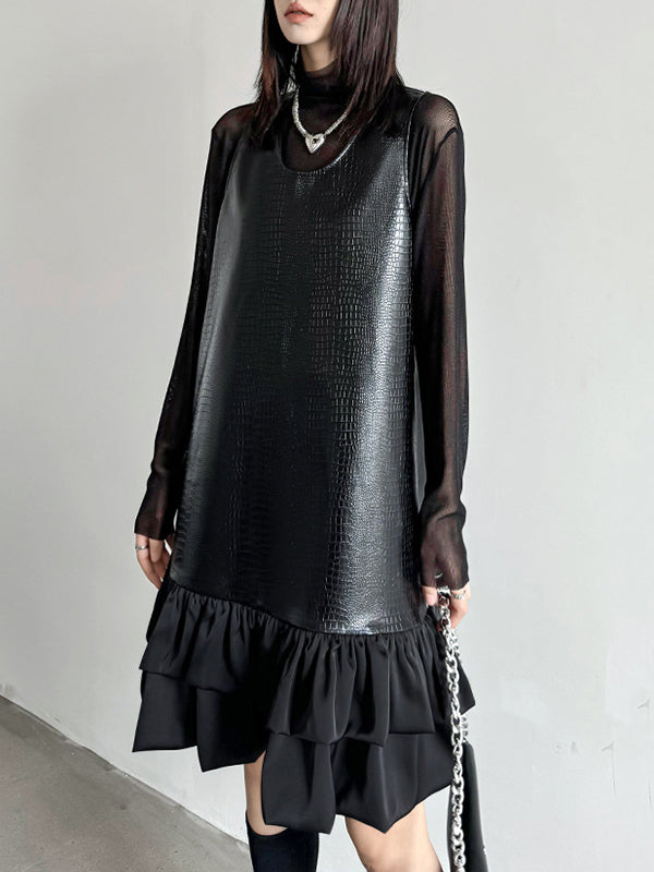 xakxx A-Line Loose Pleated Split-Joint U-Neck Mini Dresses