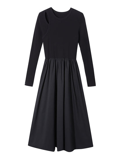 xakxx A-Line Long Sleeves Elasticity Hollow Solid Color Split-Joint Round-Neck Midi Dresses