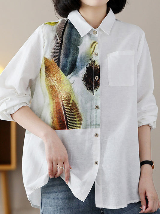 xakxx Long Sleeves Loose Contrast Color Feathers Printed Lapel Blouses