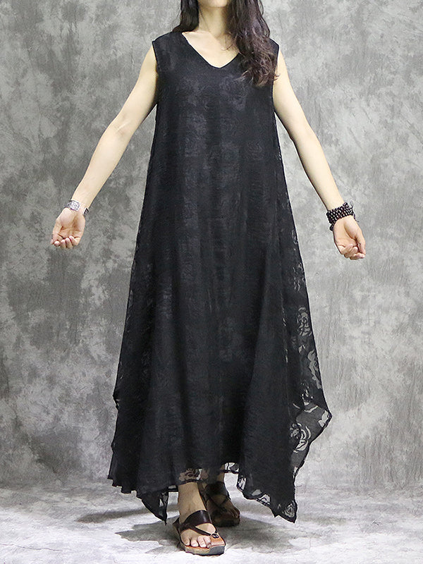 xakxx False Two Loose Flower Print Solid Color V-Neck Midi Dresses