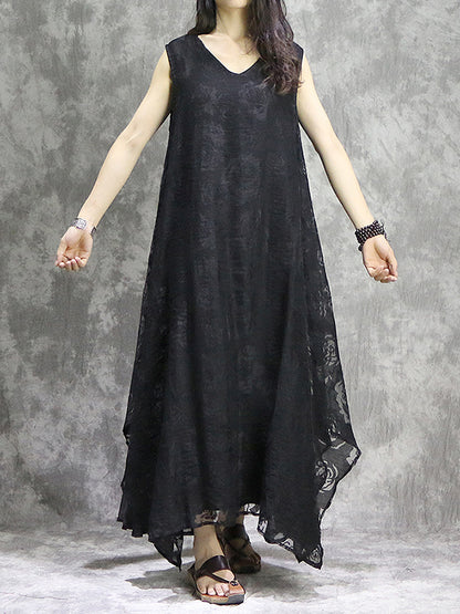 xakxx False Two Loose Flower Print Solid Color V-Neck Midi Dresses