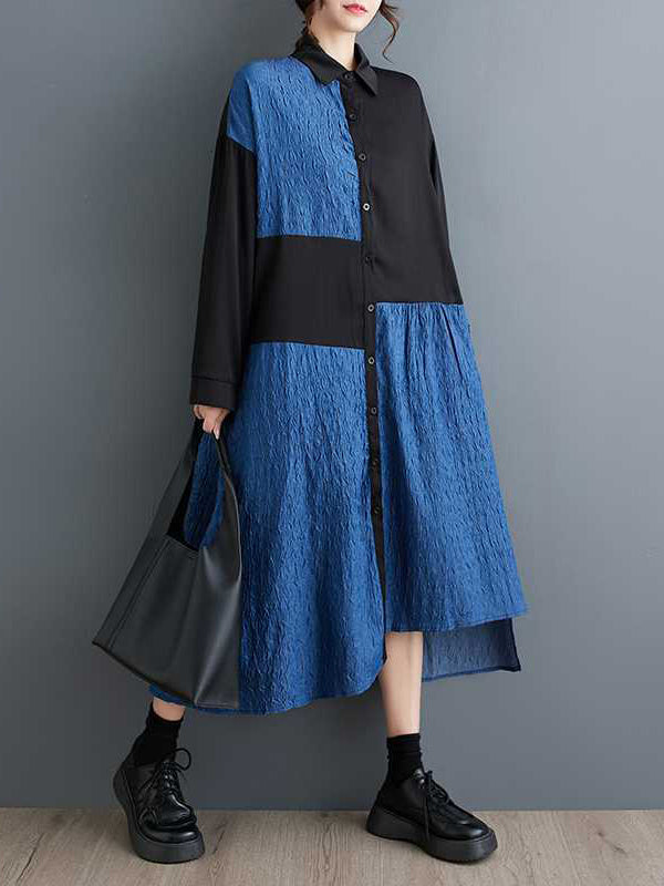 xakxx High-Low Long Sleeves Asymmetric Buttoned Split-Joint Lapel Midi Dresses