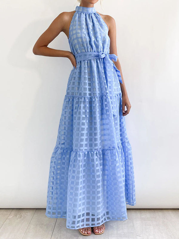 xakxx Loose Sleeveless Plaid Ribbed Stand Collar Maxi Dresses