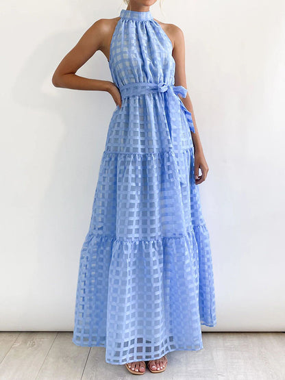xakxx Loose Sleeveless Plaid Ribbed Stand Collar Maxi Dresses