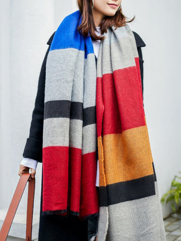 xakxx Contrast Color Fringed Keep Warm Multi-Colored Striped Shawl&Scarf