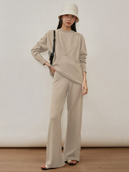 xakxx xakxx-Urban Loose Solid Round-Neck Vest Top& V-Neck Sweater Tops& Wide Leg Pants Three-Piece Set