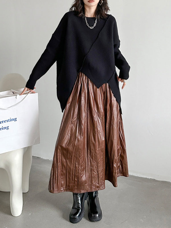 xakxx A-Line High Waisted Elasticity Pleated Solid Color Skirts Bottoms