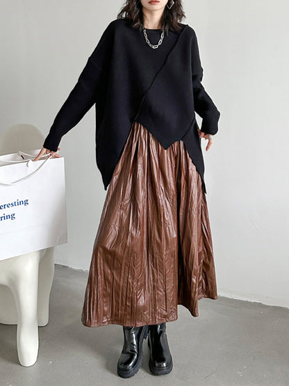 xakxx A-Line High Waisted Elasticity Pleated Solid Color Skirts Bottoms