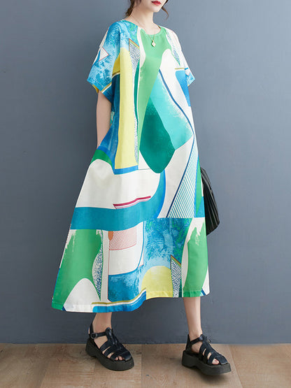 xakxx Casual Short Sleeves Loose Contrast Color Round-Neck Midi Dresses