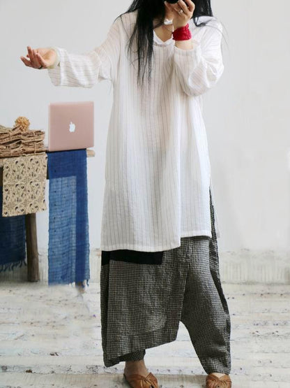 xakxx Vintage Plaid Split-joint Cropped Linen Pants