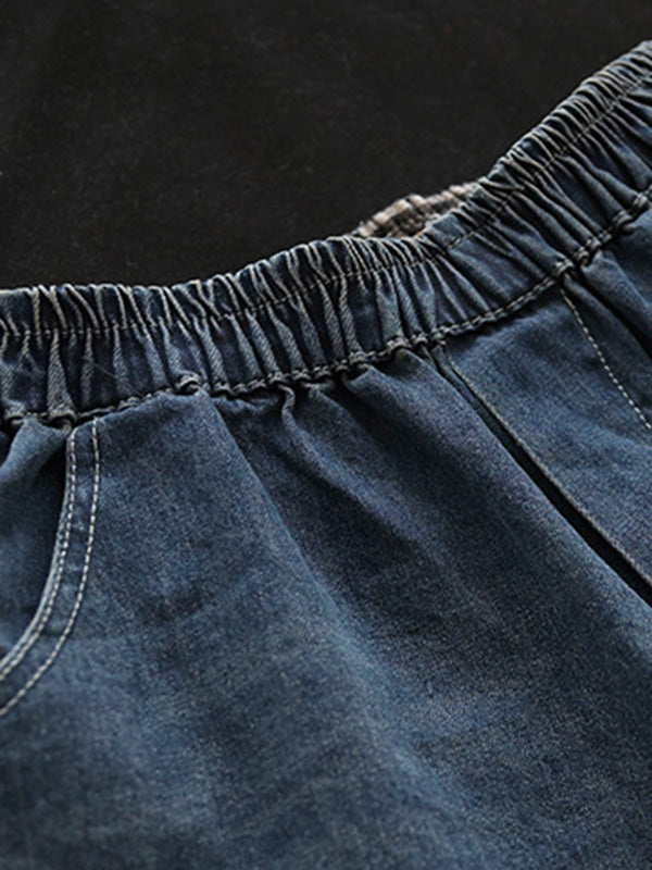 xakxx Vintage Loose Embroidered Elasticity Harem Jean Pants Bottoms