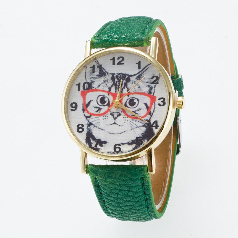 xakxx Glasses Cat Face Dial PU Watch