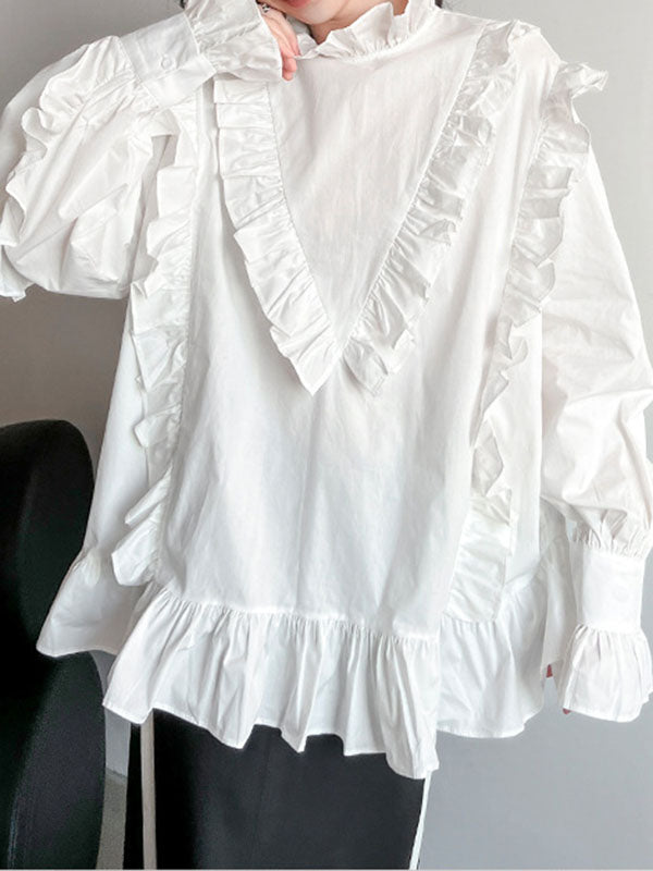 xakxx Long Sleeves Loose Buttoned Ruffled Solid Color Stand Collar Blouses&Shirts Tops
