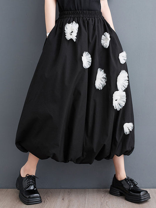 xakxx Loose Flower-Embellished Elastics Solid Color Skirts Bottoms