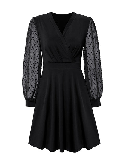 xakxx A-Line Long Sleeves Gauze Pleated Split-Joint V-Neck Midi Dresses
